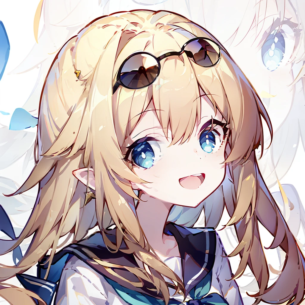 ((masterpiece, illustration, strong outlines 1girl, solo, sharp focus, 8k, ultra-detailed)), (blonde beige hair:1.3), (loli, small breasts:1.45), smile, happy, long hair, very long hair, (long hair bangs, bangs over the eyes, hair over the eyes, messy hair, asymmetrical hair:1.3), green eyes, dark green eyes, selfie, portrait, face focus, (oversized hoodie, white monochrome hoodie:1.3), cute, digital art, beautiful, perfection, ((transparent background, monochrome background))