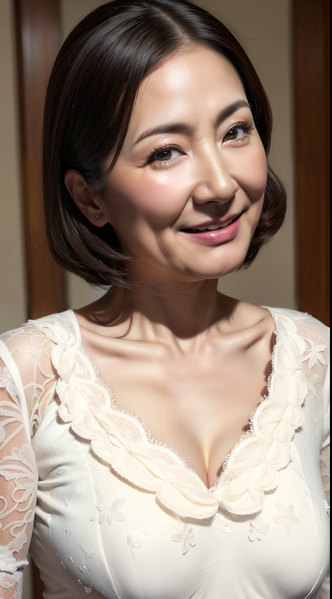 gravure, from the chest up, masutepiece, Best Quality, Ultra-detailed, Photorealistic, super detailed skin, Perfect Anatomy, (1 japanese mature woman), (Solo), 82 years old, Large breasts, Mature Announcer, glamor, A sexy, Chromo-white skin, Looking at Viewer,