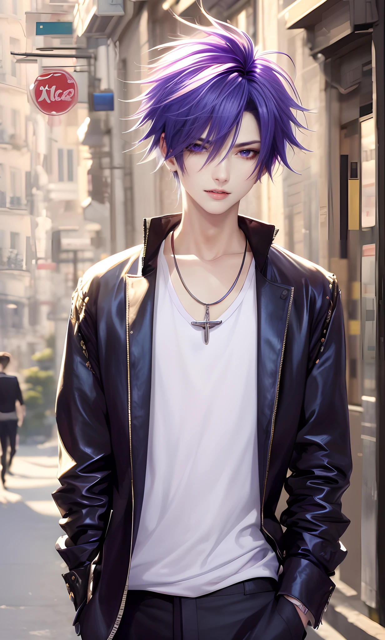 masterpiece, top-quality, 2Others, Male couple, 1 man and 1,, Adults, Height difference, different fashion, different color, finely eye and detailed face, intricate detailes, Naked, Casual clothing, white backgrounid, A smile, Happiness, tenderness, queers, Boys Love, high-level image quality、 selfee, Two beautiful men、tall、The upper part of the body、nightfall、nighttime scene、𝓡𝓸𝓶𝓪𝓷𝓽𝓲𝓬、Korean Male, Idol Photos, Model photo, k pop, Professional Photos, Vampires, Korean fashion with black pants and white Y-shirt, Fedoman with necklace, inspired by Sim Sa-jeong, androgynous vampire, :9 detailed face: 8, extra detailed face, detailed punk hair, ((eyes are brown)) baggy eyes, Seductive. Highly detailed, semi realistic anime, Vampires, hyperrealistic , delicate androgynous prince, imvu, short hair above the ears, Man with short hair, With a purple-haired man with a wild expression, Man with light blue hair with gentle expression, ((With a short-haired man with bright purple hair)), ((Man with light blue hair)), Take off your shirt and pose