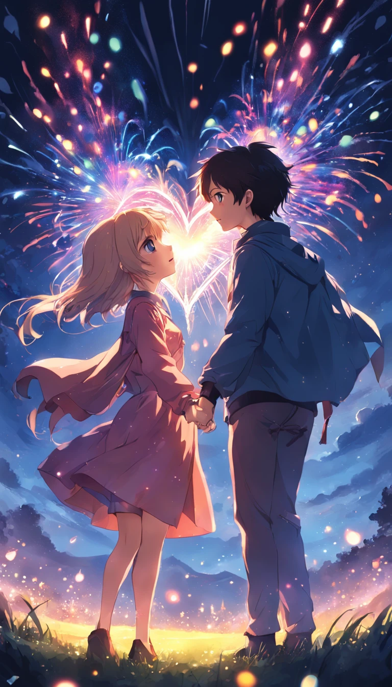 the night,Colorful,Fireworks all over the sky,Heart-shaped bubbles,couples,Cartoony,hugging eachother,Glowing fireflies around,illustration,Glow effects,Dingdall effect,depth of fields,high light,Real light,Ray traching,oc rendered,Hyper-realistic,best qualtiy,8K,Works of masters,super-fine,Detailed pubic hair,Correct anatomy,sharp focus on eyes,Bokeh,Facial features are carefully depicted