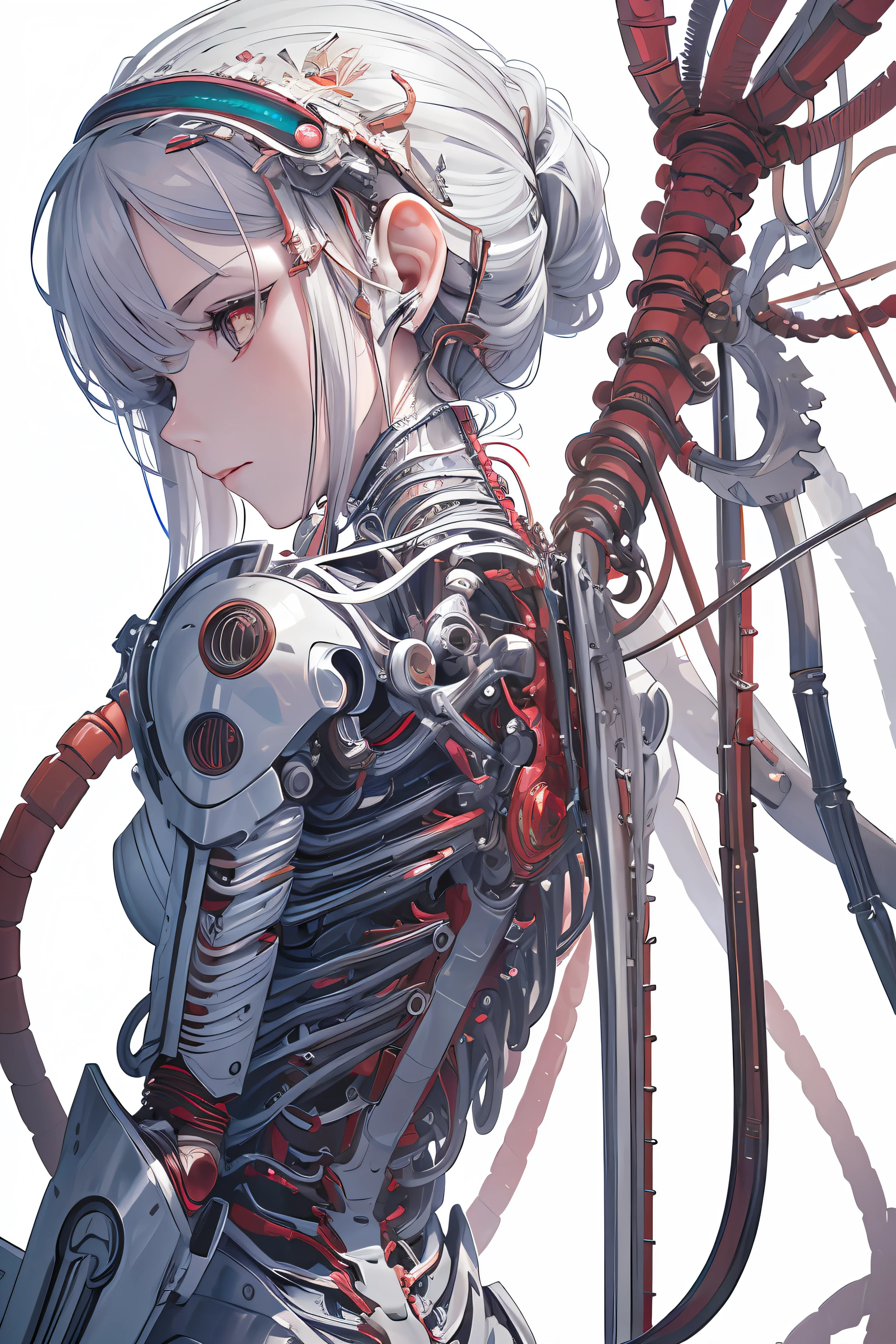 (masterpiece, top quality, best quality, official art, beautiful and aesthetic:1.2), (1girl:1.3), extreme detailed,colorful,highest detailed ((ultra-detailed)), (highly detailed CG illustration), ((an extremely delicate and beautiful)),(from side),cinematic light,((1mechanical girl)),solo,full body,(machine made joints:1.2),((machanical limbs)),(blood vessels connected to tubes),(mechanical vertebra attaching to back),((mechanical cervial attaching to neck)),(sitting),expressionless,(wires and cables attaching to neck:1.2),(wires and cables on head:1.2)(character focus),science fiction,white background,(blood:1.5)