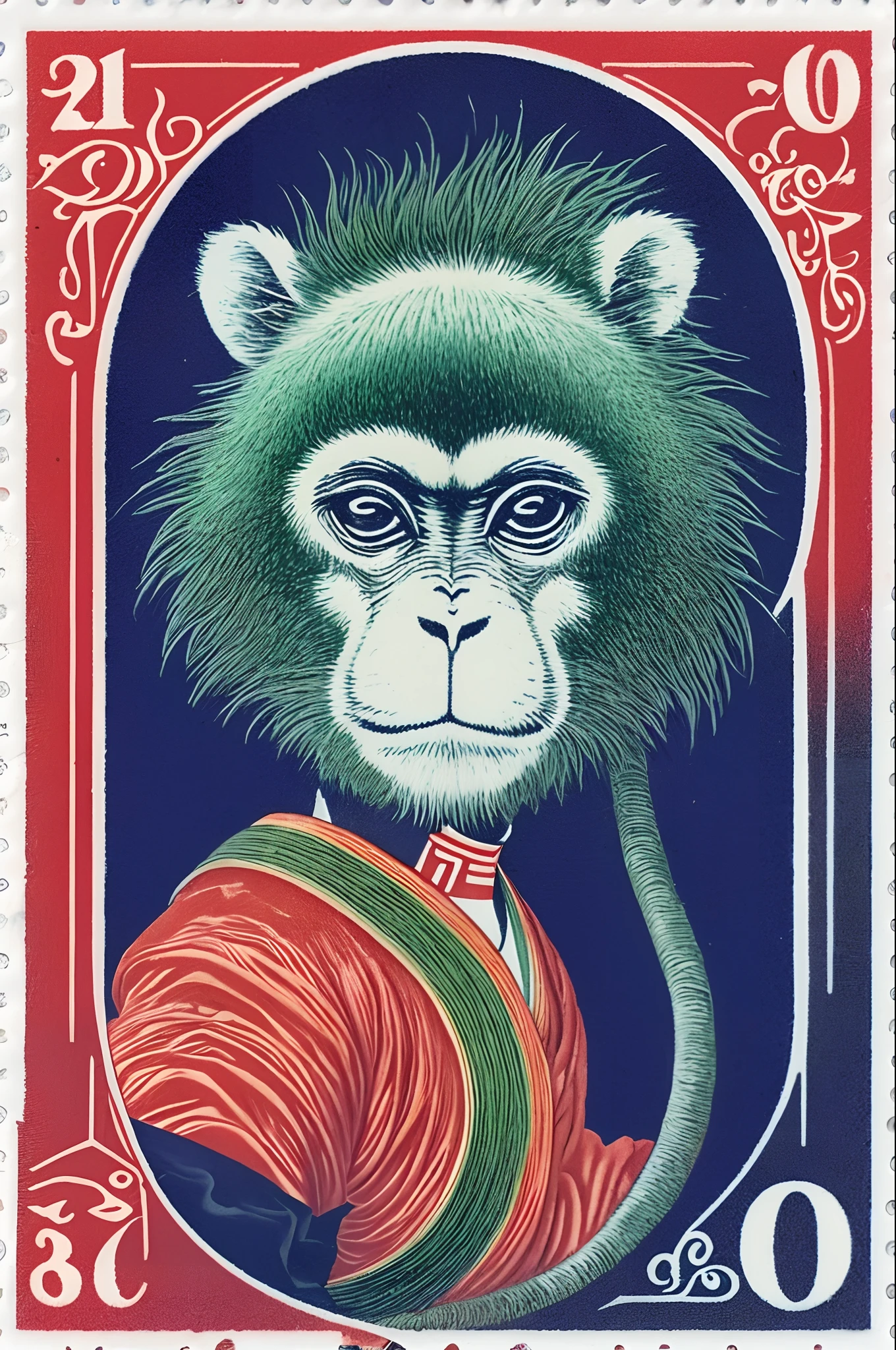 A Vietnamese stamp depicts a monkey, Psychedelic surrealist style, Qing dynasty, photo taken with ektachrome, Indigo and green, Japanese folk art, Bamileek Art, Otherworldly creatures