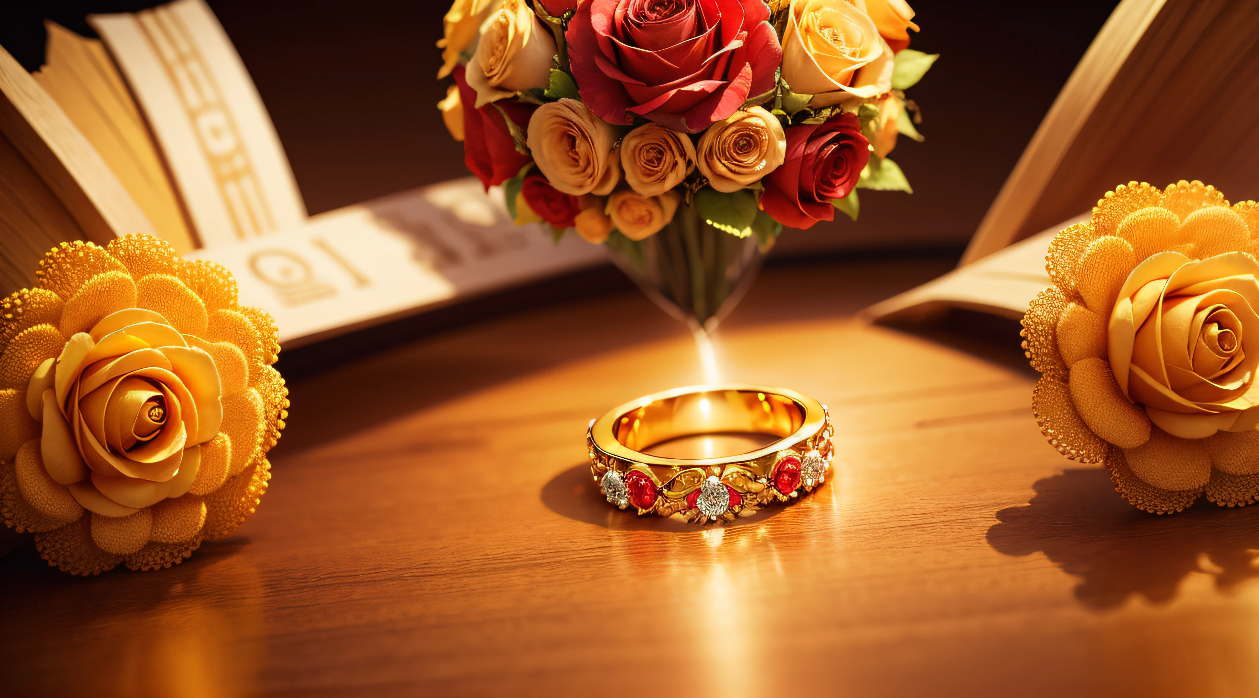 background with golden particles, com um bouquet de flores vermelhas e rosas, pair of wedding rings in the center with the name Paula & Robert --auto