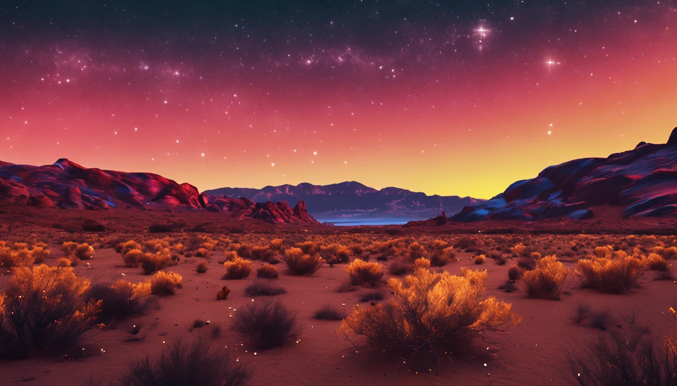 breath-taking,Van Gogh style starry sky,In the quaint night sky,((Rolling desert)),the expanse,tmasterpiece,the detail,blurryforeground,Movie special effects,Light and shadow effects,the detail,k hd。