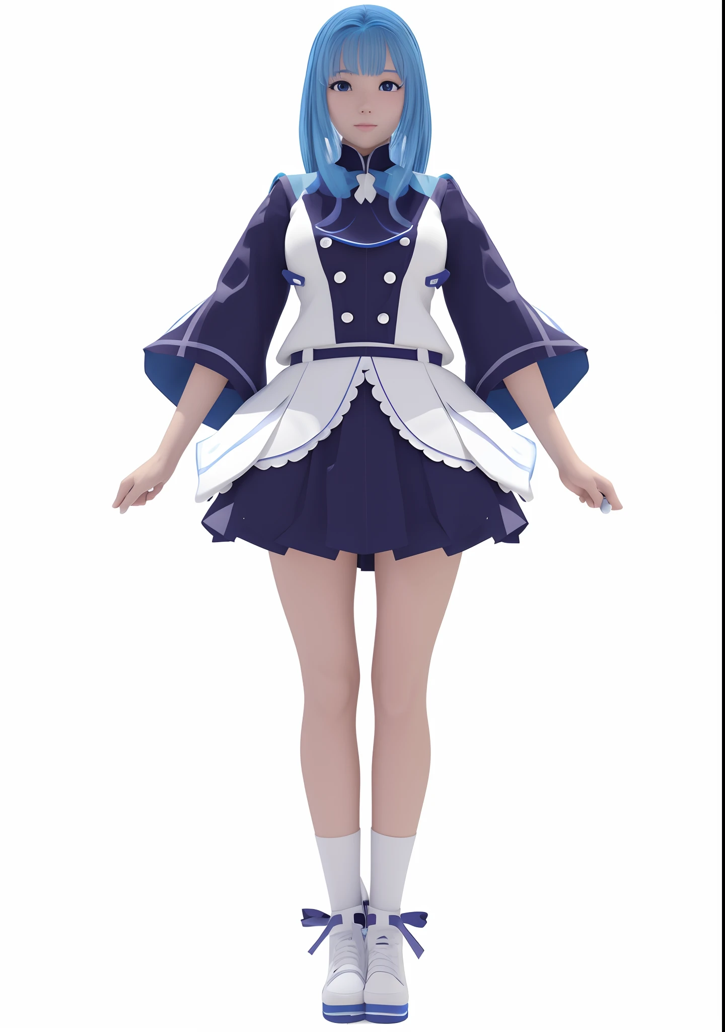 Anime girl in blue and white uniform posing for photo, render of a cute 3d anime girl, anime vtuber full body model, anime styled 3d, 3d anime girl, Cute anime waifu in a nice dress, render of april, anime full body illustration, anime moe art style, Stylized anime, single character full body