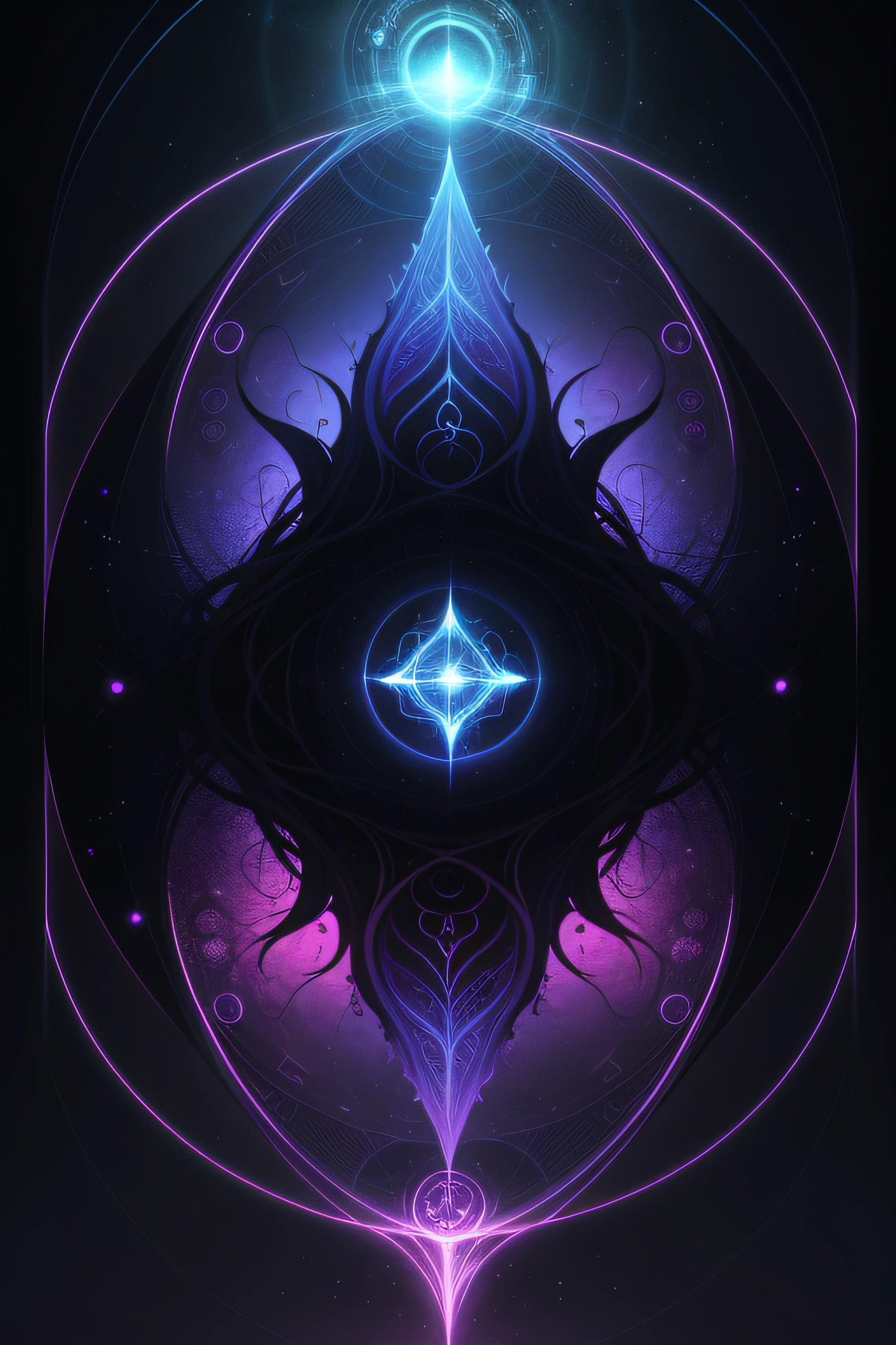 Develop a darkpsy trance music cover inspired by the theme of beings from another planet transmitting signals through sacred geometry. The cover should balance a palette of dark and vibrant colors that evoke suspense and peace. Use sacred geometric symbols in an enigmatic and intriguing manner, with a composition that guides the viewer's gaze. Integrate a futuristic and mysterious typography, complementing the mood of the music. Ensure high resolution for better quality on distribution platforms.