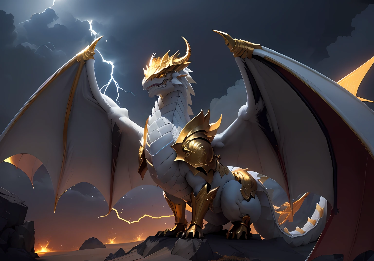 1White dragon add lightning in mouth add golden armor add large wings, dourado. boca fechada, dentes afiados, Two paws on the ground, adcionar asa esquerda, not looking like people's bodies, Golden helmet on head, dragon's head, blue lightnings, relampagos azuis.