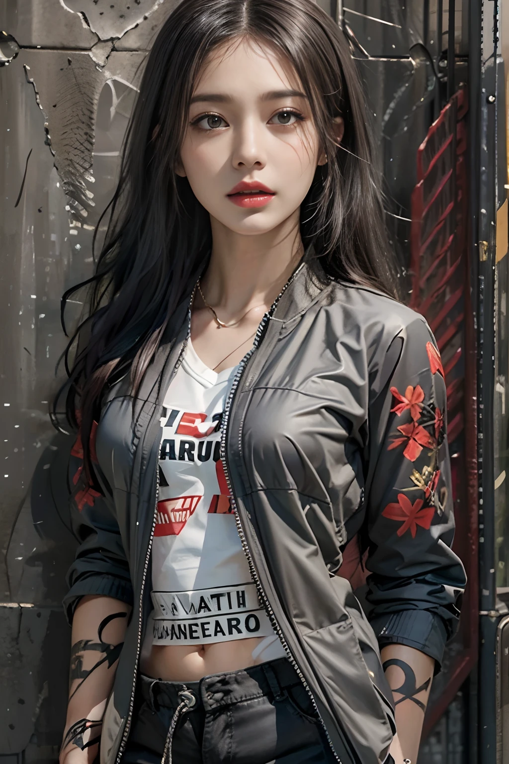 Photorealistic, high resolution, 1womanl, Solo, hips up high, view the viewer, (Detailed face), Business suit, Windbreaker tattoos, jewelry