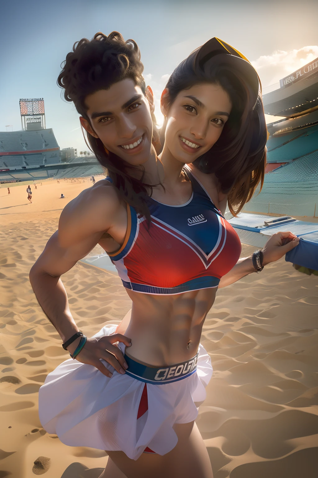((2heads)), Egyptian, British, handsome man ,1man, ,beach Volleyball UNIFORM, sold out stadium in background,  beautiful cheerleaders surrounding him