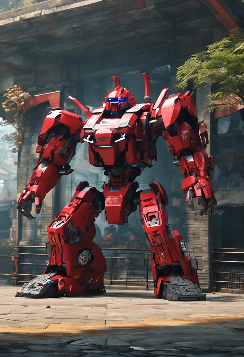 Realisticstyle，Ultra-clear pixels，A mecha giant based on Dufu Jiangge in Changsha, Hunan Province, China，Brick red dark blue