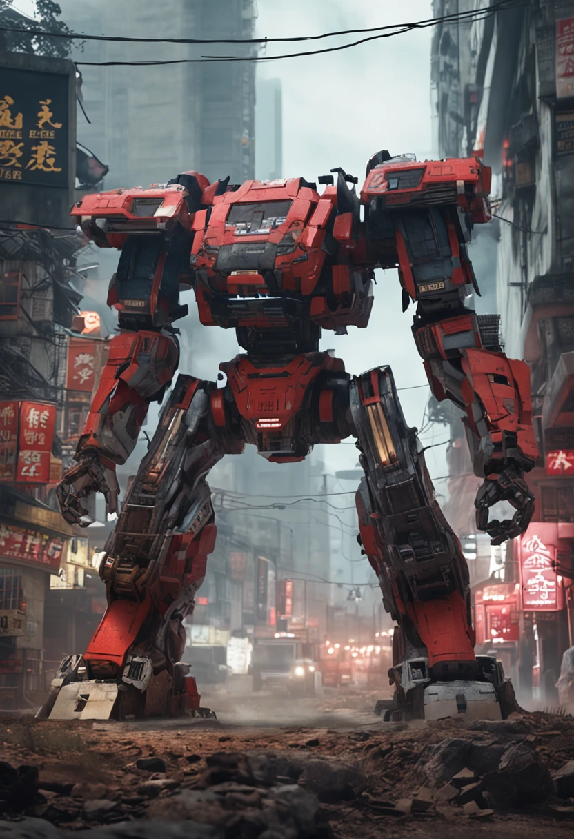 Realisticstyle,Ultra-clear pixels,A mecha giant based on Dufu Jiangge in Changsha, Hunan Province, China,Brick red dark blue