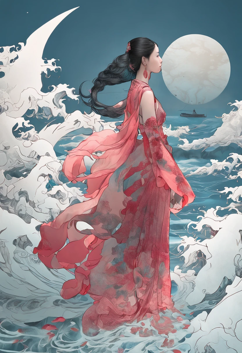 An inky white painting,The painting shows a lady in an old red dress,There is a huge pink goldfish in the clouds, Made of fog, Dark white and pink, In the style of Li Shuxing, shilin huang, Brilliant talent, Ethereal form, gigantic scale, Elegant and balanced, Doubleexposure, Cloud effects:1.5,elevation,Faraway view,super detailing,best qualtiy,tmasterpiece,8K,Extremely detailed,Epic artwork,(Numerous award-winning masterpieces of, With incredible details, textures and maximum detail), (Full body view:1.6), (Ultra photo realsisim:1.4), (Realistic:1.3), (best quality real texture skin), (((In water))), (abyssal:1.5), (Dark sea at night:1.6), (Fine true circle Symmetrical eyes), finerly detailed face, ((medieval world)), (Full body view:1.6), ((mermaid)),(Burning bright and cold eyes), (She has a mischievous smile on her face), (Shipwrecks and treasures:1.4)(Eyes that glow blue in the dark:1.5), (A pair of ice blue eyes,Intense blue light is emitted from the inside:1.5), (Bio-luminescence:1.5), (Full body view:1.6), (Whirlpool water and tidal currents in the background), (Dramaticlight), (A majestic sight), (Her countenance is gentle and beautiful), (Silver hair) (Full body view:1.6), ((head looking up)), ((Looking down)), (Bio-luminescence,Brilliant light:1.3), (Use gorgeous hydraulic magic:1.2), (Beautiful fish around), (Luminous magic circle:1.5), (Full body view:1.6), epic realistic, Faded, Girly art, (greg rutkovsky:0.8), (Teal and orange:0.4), (Art Station:1.5), Cinematic, ((com cores neutras)), (hdr:1.5), (pastel colour:1.2), ultra - detailed, Dramaticlight, (Intricate details:1.1)