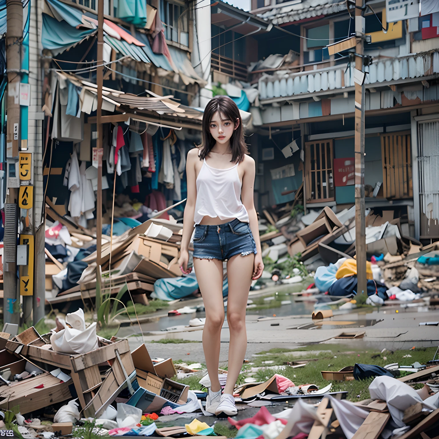 Slums, people come and go, a lot of men, an Asian beauty, spread her legs, full of garbage, dirty, pee, garbage, masterpiece, best quality, highly detailed, white transparent bikini, slender body, skinny, barefoot, sloppy