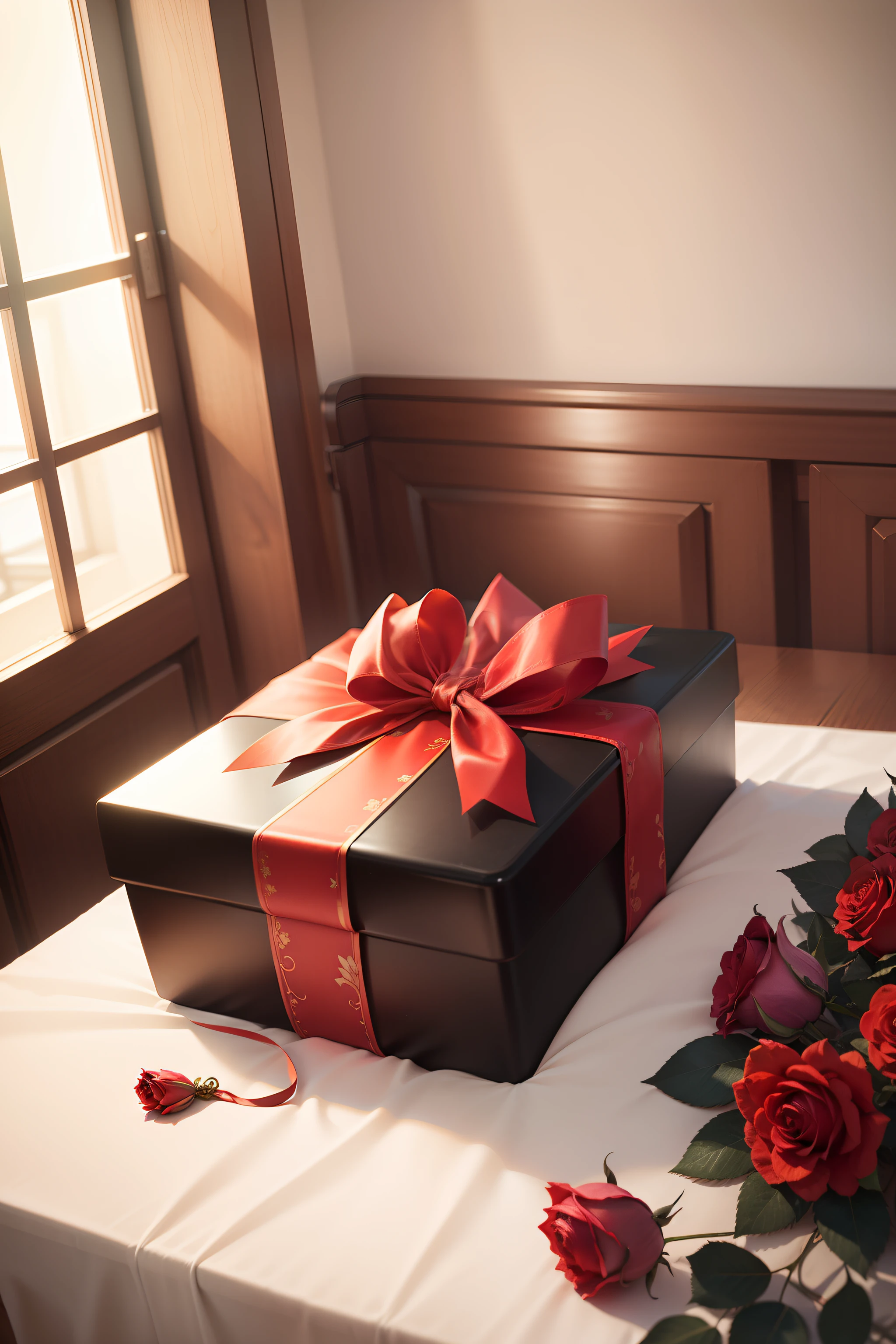 Roses are placed on the gift,Gifts are placed on the table。