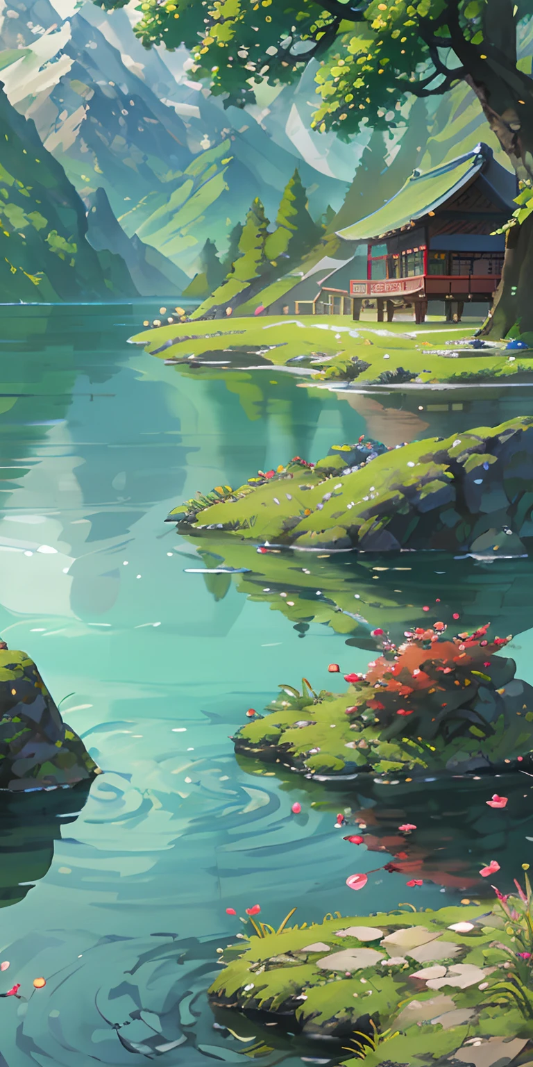 Chinese ancient times, spring, jungle, lake, cave, waterfall, tree, meadow, rock, deer, hot spring, water vapor, (illustration: 1.0), epic composition, realistic lighting, HD details, masterpiece, best quality, (very detailed CG unified 8k wallpaper)