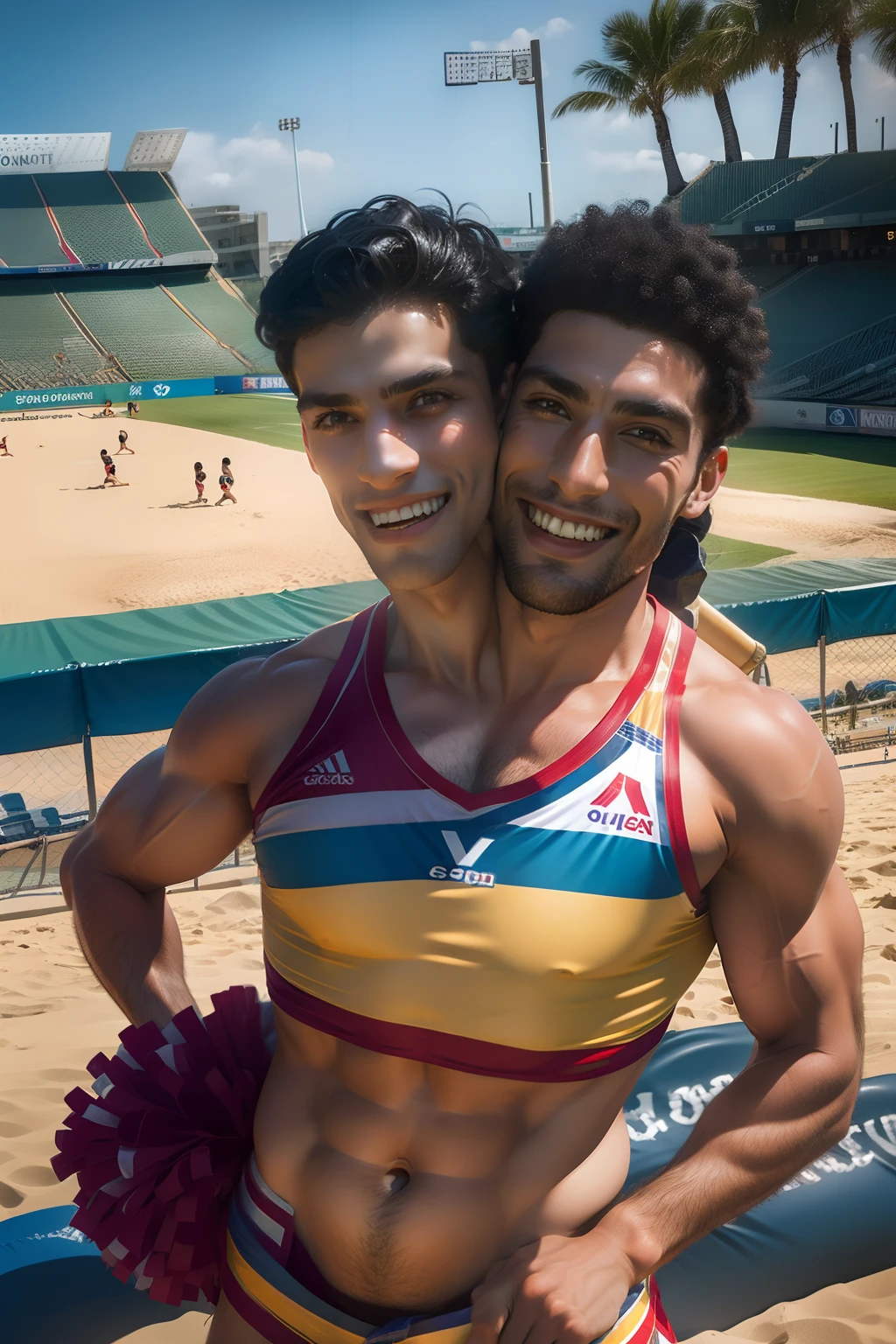 ((2heads)), Egyptian, British, handsome man ,1man, ,beach Volleyball, sold out stadium in background,  beautiful cheerleaders surrounding him,bulge