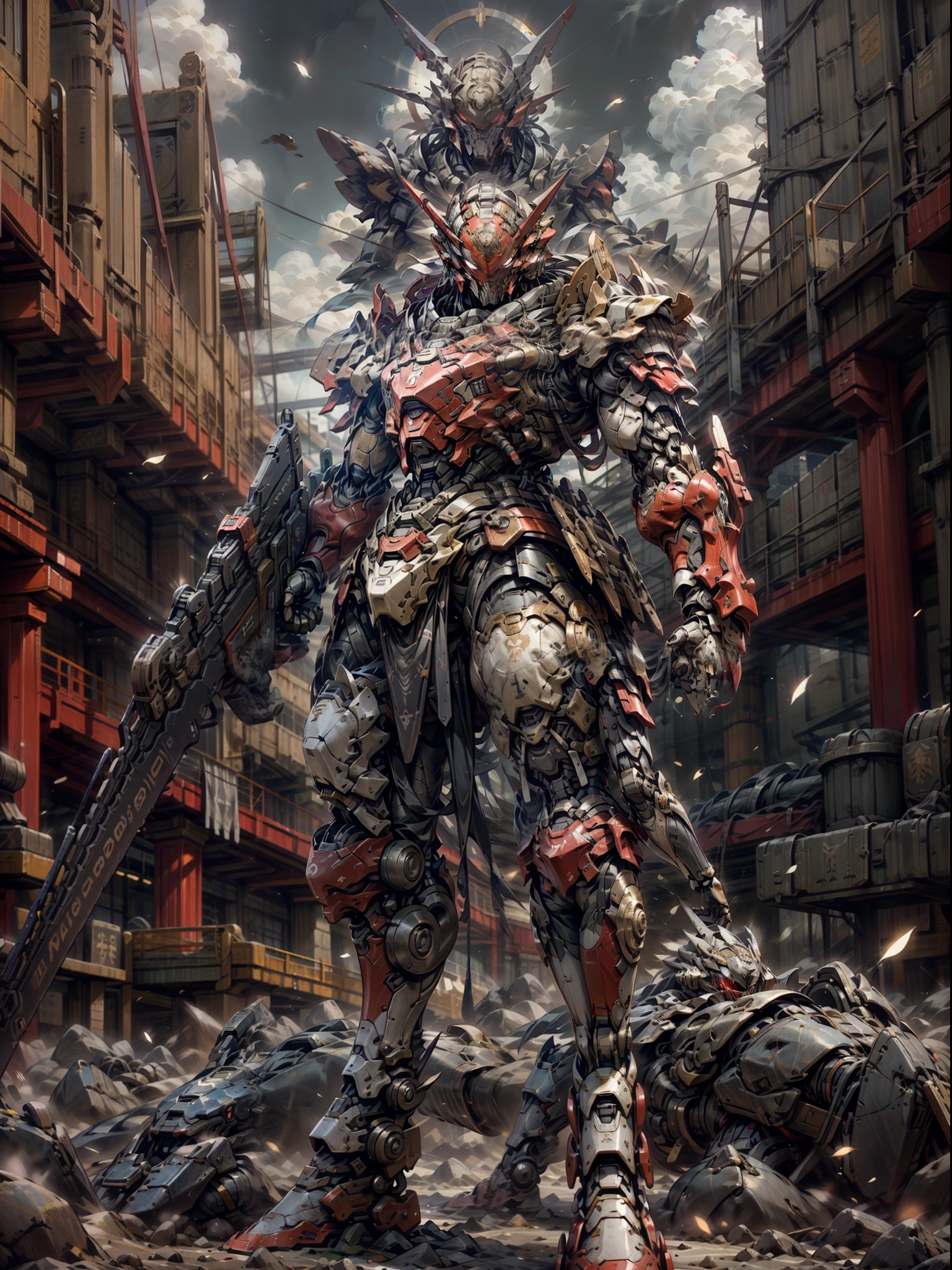 ((best qualityer)), ((Masterpiece)), (The is very detailed: 1.3), 8K,Cool painting,It's sci-fi,Red Gunsmith,Red tank armored division with huge shields,Red,Red mech,Reloaded up to the MK2,Red mech,The mask covers the face,Holding a shield in the air,Red super large mechanical shield,Heavy weapons,Heavy machine gun,sniper gun,cannon,Gatling guns were scattered on the ground,Carrying a weapon and a firearm,Pistol again at the waist,Sniper rifle in the back again,Super cool tank armor,God of weapons,Gundam humanoid mech,anime mecha aesthetic,Perfect body proportions,Heads-up view,stand posture,Military giant mech,missile,rock music,Future technology,hentail realism,There are dark clouds in the sky,Dark black war background,rim-light,Ray traching,Light particles,NVIDIA Trtx, Hyper-Resolution,Unreal 5,Sub-surface scattering,Specular and albedo maps,trichotomy,largeaperture,Fighting posture, 8K of raw data,High efficiency sub-pixel,Subpixel convolution,Light particles,Light scattering,Tyndall effect,Ray traching.