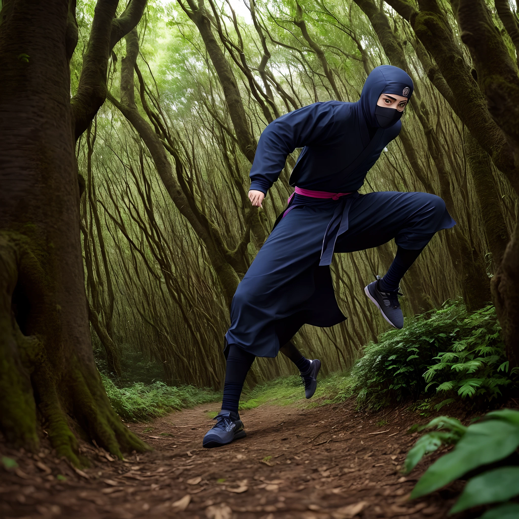 Ninja lutando em uma floresta