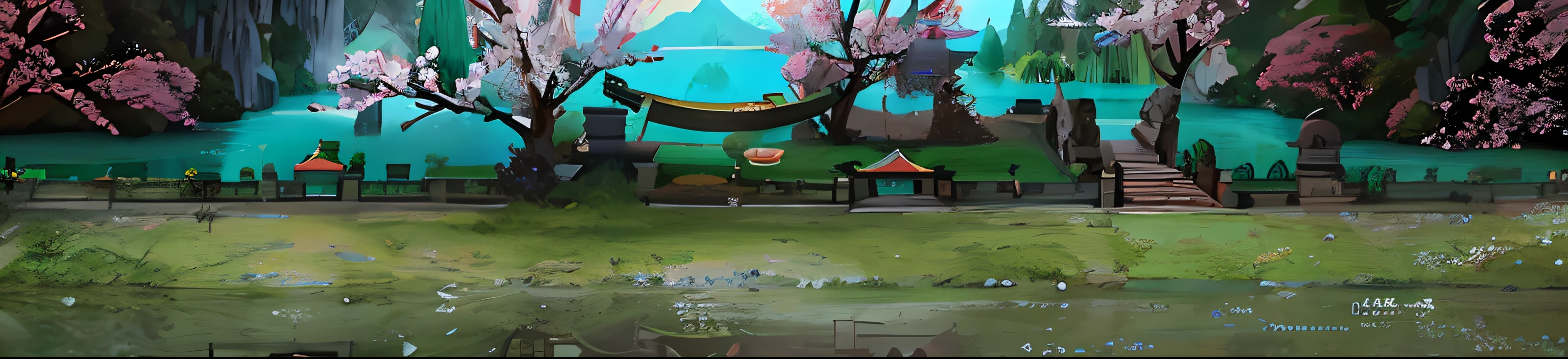 Draw a boat in a lake surrounded by trees and flowers, royal garden background, Zen temple background, Mobile game background, Temple background, beautiful lake background, game background, Island background, background artwork, Beautiful Landscape Background, 2 D game art background, 2d game background, ancient ruins background, Garden background, port scene background, Beautiful garden on background, Park background