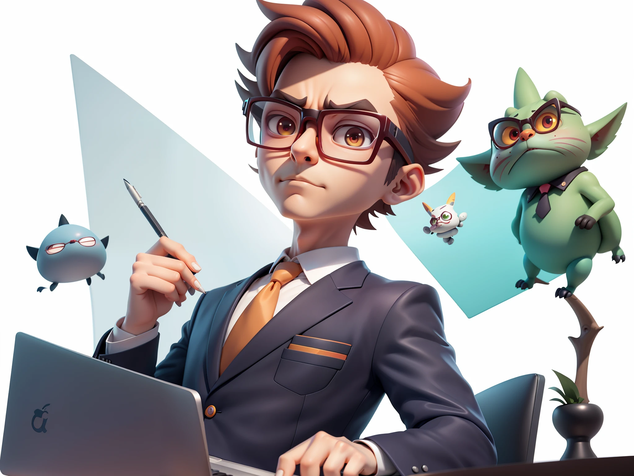 A young man in a suit, Short hair and glasses sat at his desk，holding laptop，digitial painting，tigre，3D character design by Mark Clairen and Pixar and Hayao Miyazaki and Akira Toriyama，4K HD illustration，Very detailed facial features and cartoon-style visuals。