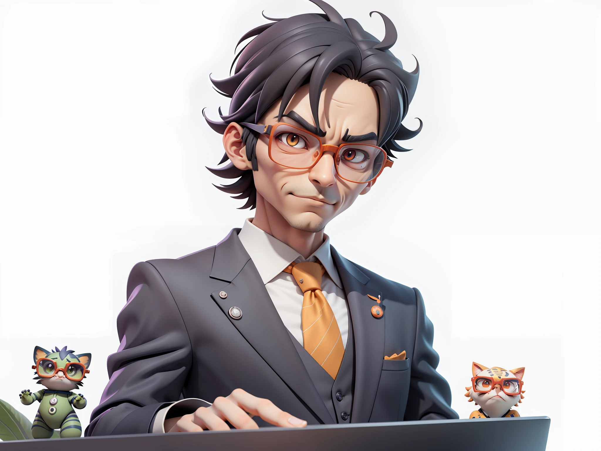 A young man in a suit, Short hair and glasses sat at his desk，holding laptop，digitial painting，tigre，3D character design by Mark Clairen and Pixar and Hayao Miyazaki and Akira Toriyama，4K HD illustration，Very detailed facial features and cartoon-style visuals。