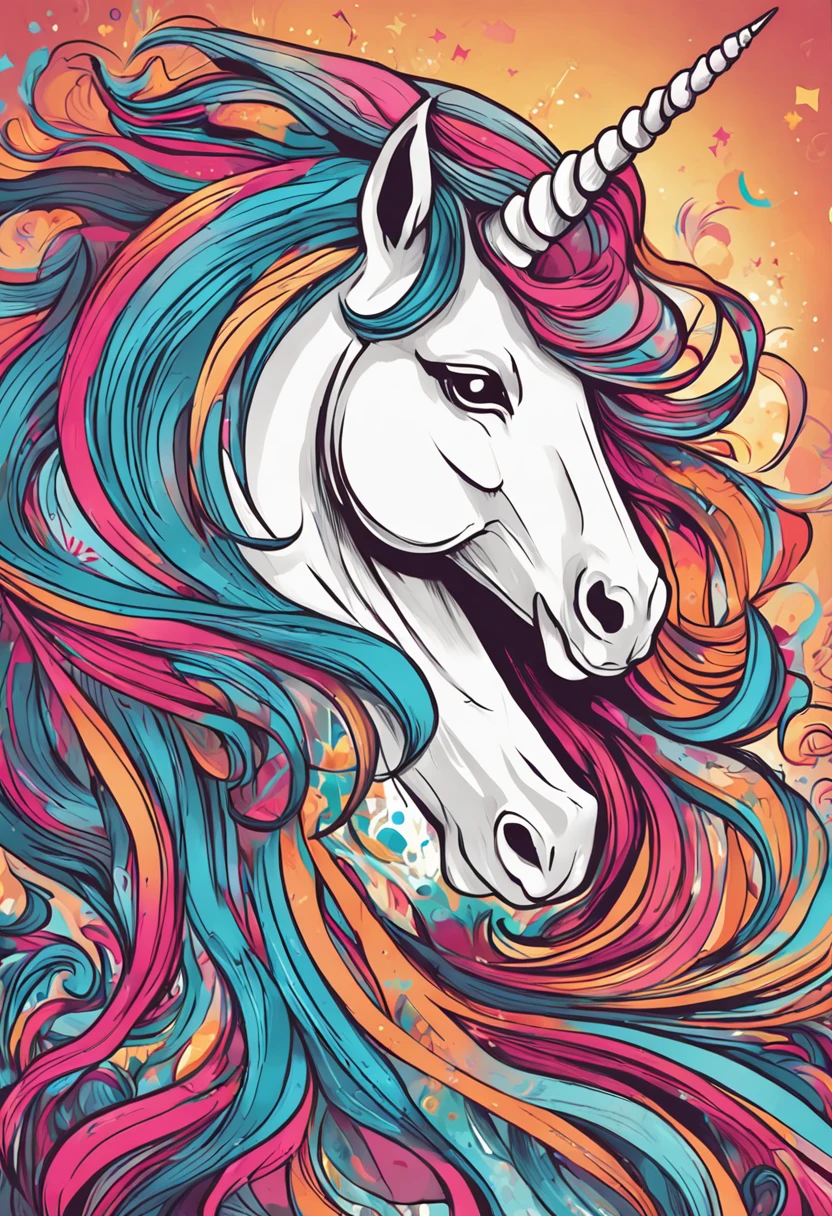 Drawing of a unicorn with a long mane and a colorful tail, Pegasus Art, unicorn