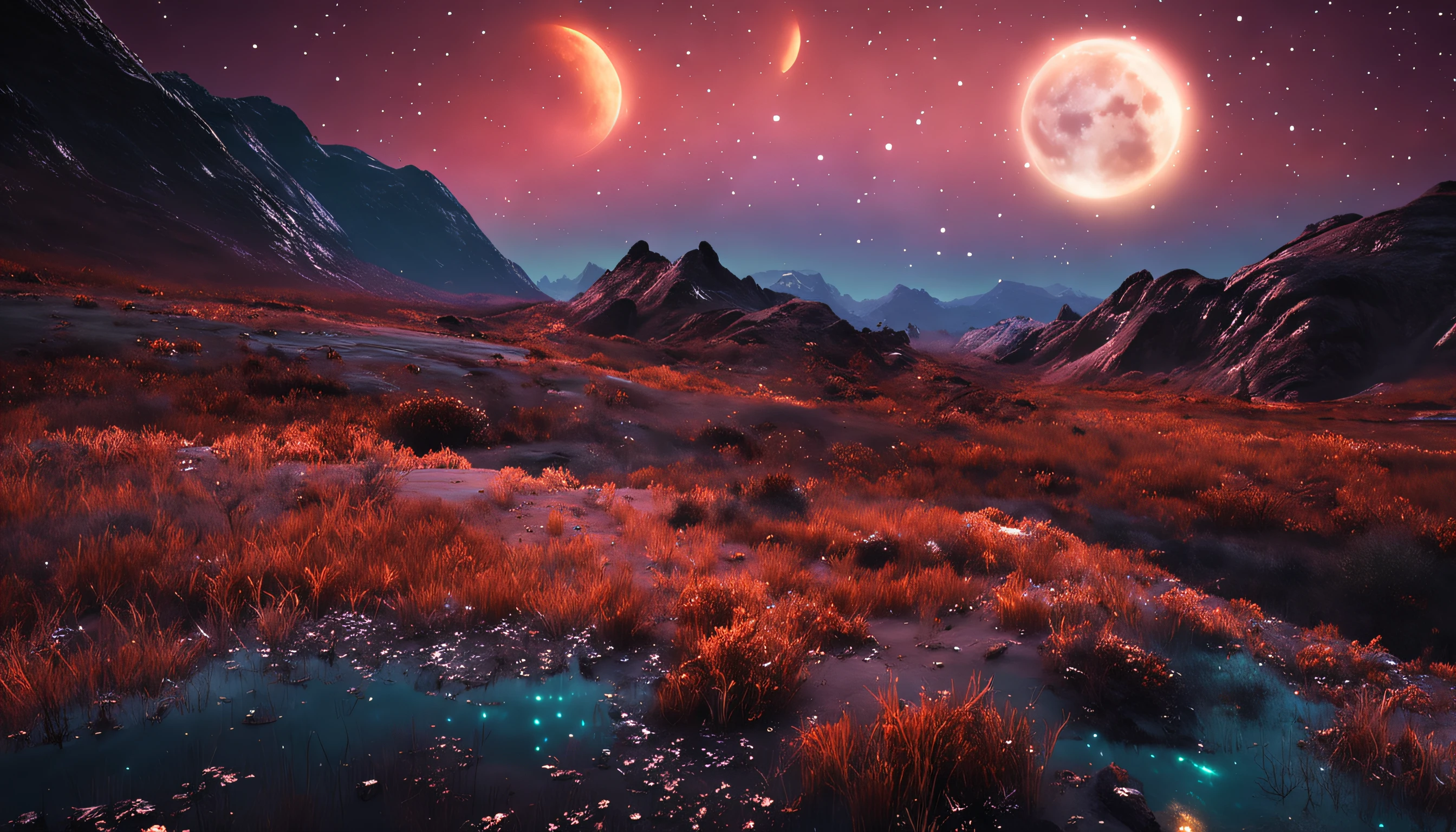 Paisaje Estelar Danzante: Design a starry nightscape in which the stars appear to be dancing around the moon. Create a magical and ethereal atmosphere.