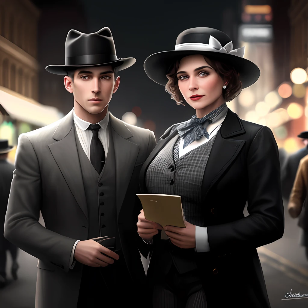 Man detective in hat and costumes of 1920,  and a woman with a dress from new york ar 1920 in a dark and empry steet