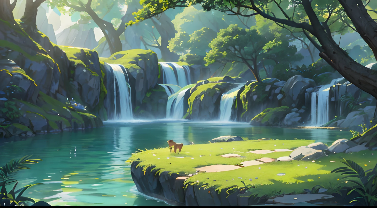 Chinese ancient times, spring, jungle, lake, cave, waterfall, tree, meadow, rock, deer, hot spring, water vapor, (illustration: 1.0), epic composition, realistic lighting, HD details, masterpiece, best quality, (very detailed CG unified 8k wallpaper)