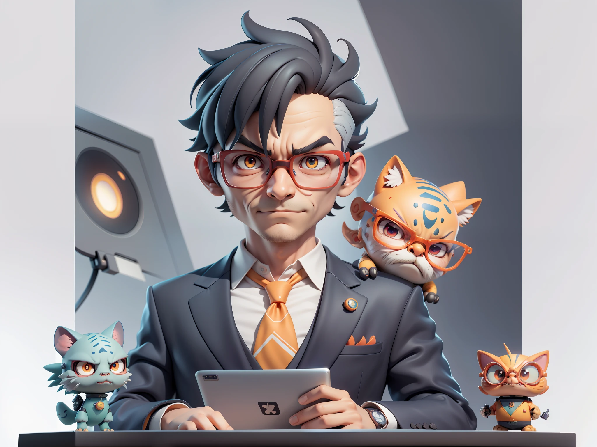 A young man in a suit, Short hair and glasses sat at his desk，holding laptop，digitial painting，tigre，3D character design by Mark Clairen and Pixar and Hayao Miyazaki and Akira Toriyama，4K HD illustration，Very detailed facial features and cartoon-style visuals。