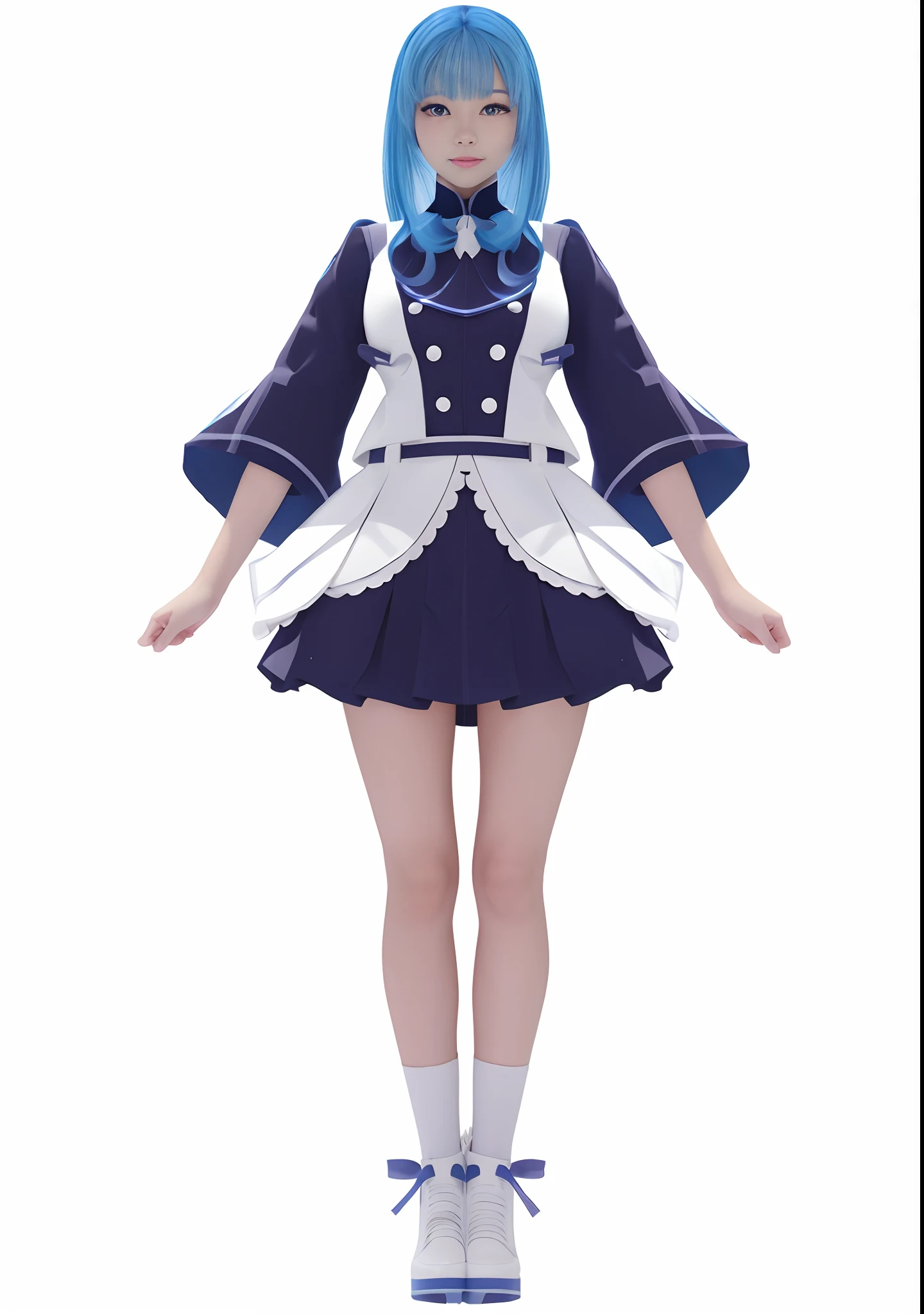 Girl in blue and white uniform posing for photo, Cute girl rendering, VTuber Full Body Model, Cute waifu in a nice dress, render of april, single character full body