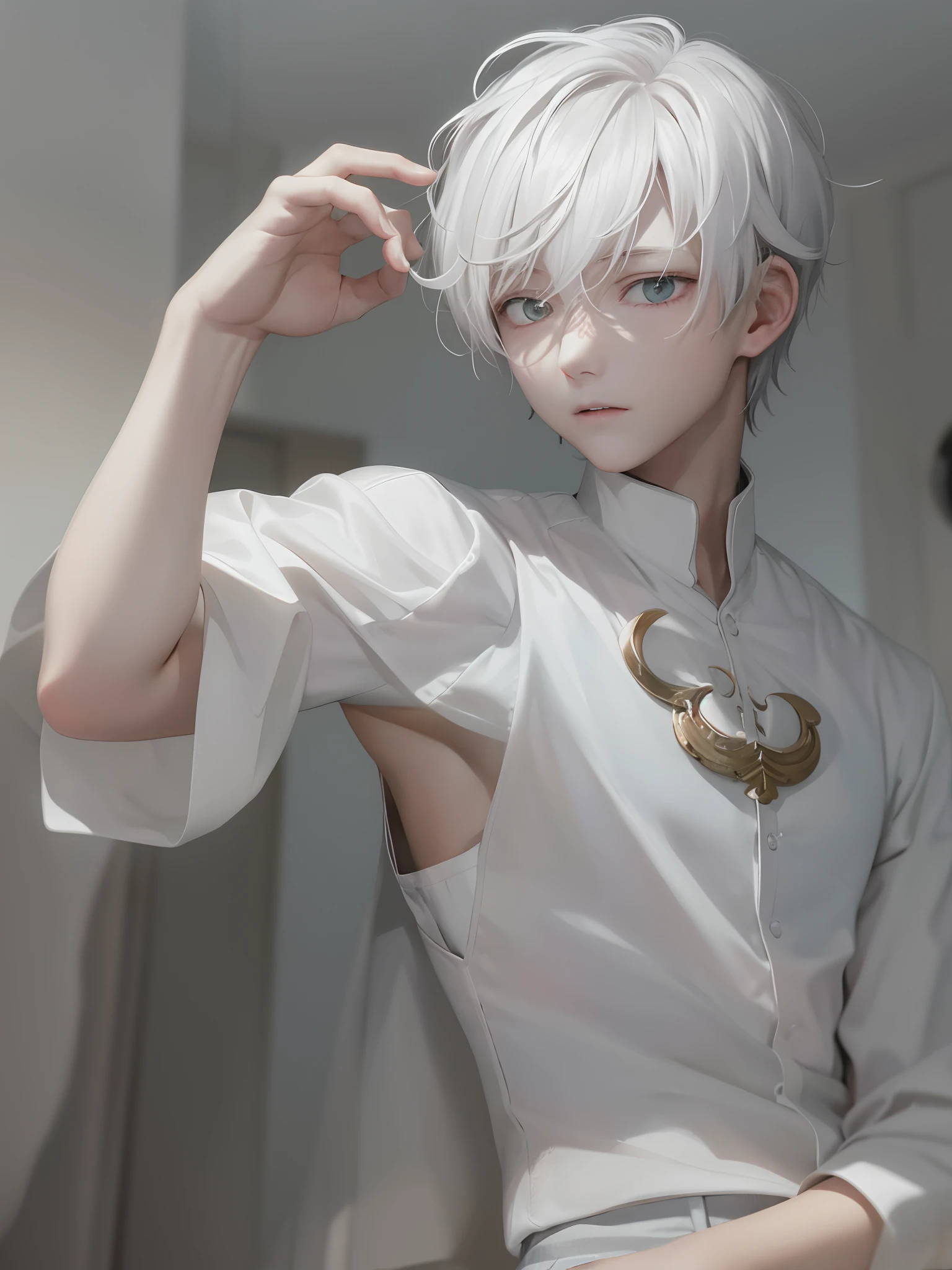 1boy,Male,Young man,Pale ager,(((Rose blanche))),white shirt,bandagens,bloods,The screen contrast is low,High brightness,White hair