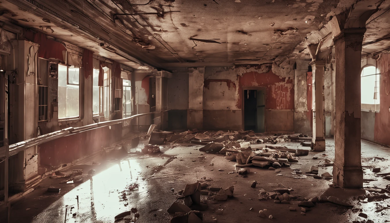 Ruined hotel with a gloomy and desolate atmosphere, com janelas quebradas e paredes descascadas.