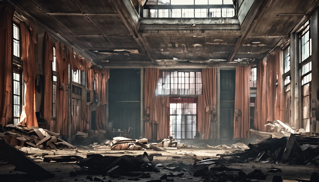 Ruined hotel with a gloomy and desolate atmosphere, com janelas quebradas e paredes descascadas.