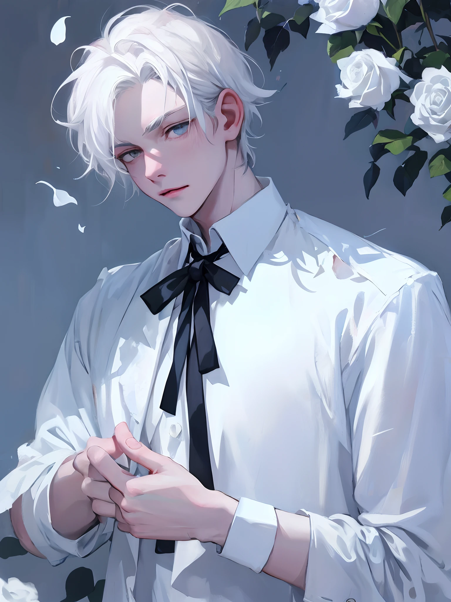 1boy，Male，Young man，Pale teenager，Rose blanche，white  shirt，bandagens，bloods，The screen contrast is low，High brightness，White hair，Rose flower，bloods，Light blue leaves