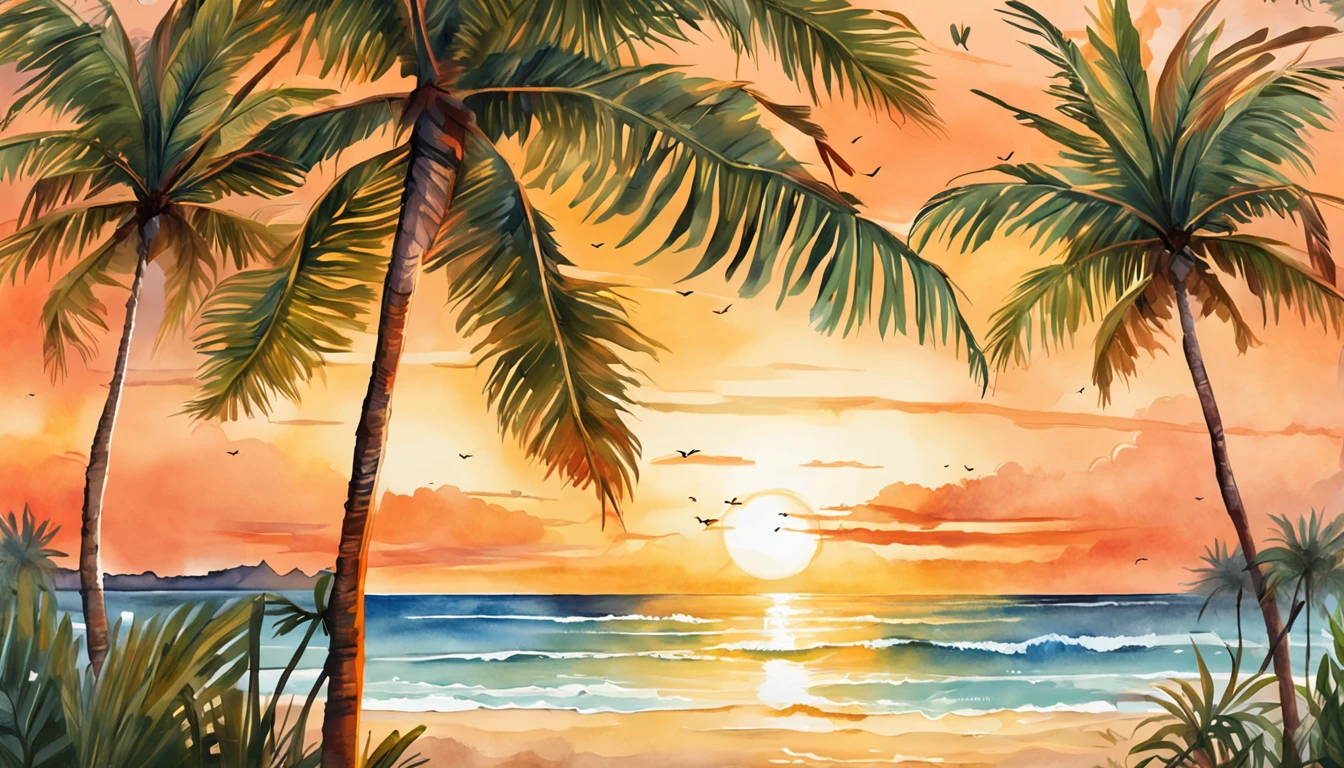 Close up of palm tree beach painting, beautiful iphone wallpaper, Tropical atmosphere, palm trees james gurney, hd phone wallpaper, phone wallpaper hd, Tropical paradise, orange skies, palmeiras, pastel orange sunset, iphone wallpaper, Landscape wallpaper aesthetics, tropical palms, iPhone background, palmeiras, wallpaper mobile, beach aesthetic, Orange sky, Tropical landscape,Unreal Engine 5, Cinematic, low angle photography, Motion blur, Depth of field,Hyper-detailed, insanely details, Intricate details, editorial photography, shot with a 50mm lens, Depth of field, Tilt Blur, Shutter speed 1/1000, f/22. Lightmaps, Super bright