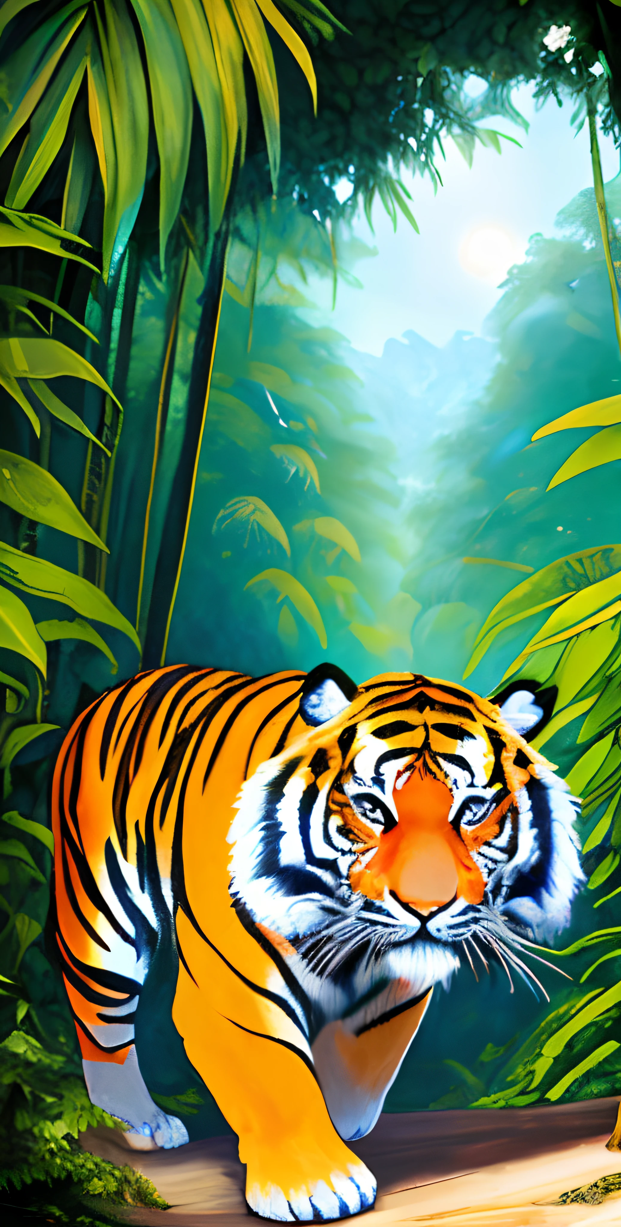 (Jungle Adventure, The pride of the tiger elixir:1.2), tiger Raja in bright colors, Tiger drawing, Orus, dynamic, Sun light, Lush greenery, Exotic plants, Mysterious shadows.