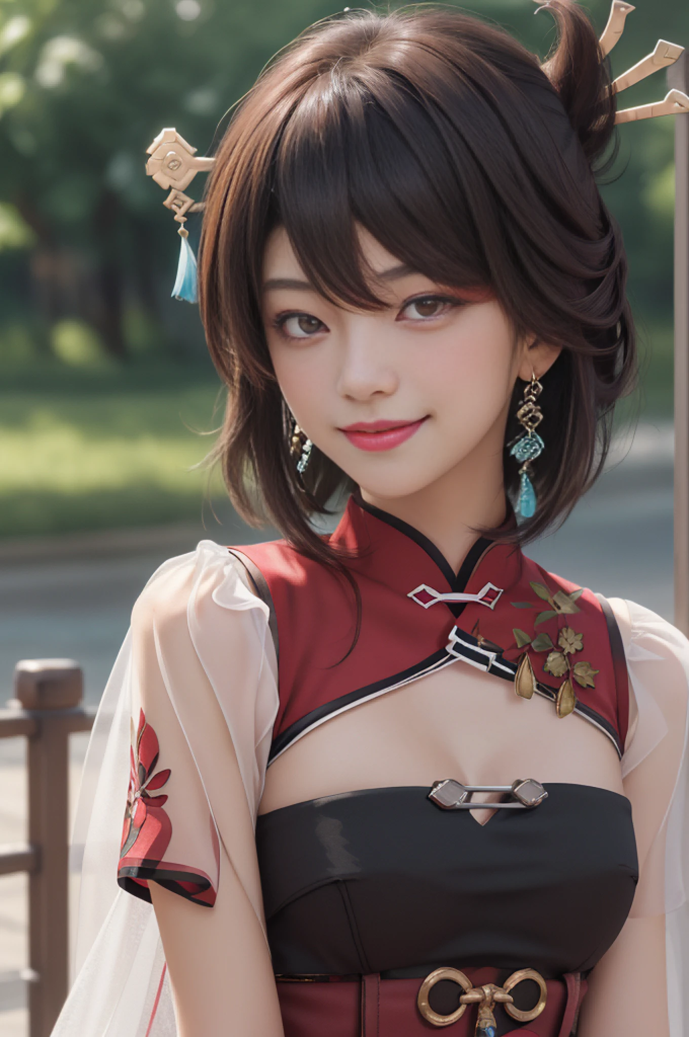 8k, raw camera, highres, detailed, masterpiece, portrait, photorealistic, hyperrealist, aesthetic, beautiful, best quality, highly detaile, best quality clothing, aesthetic clothings, professional angle, rule of thirds, Feminine, delicate, beautiful, 19 years, attractive Japanese, (solo), 1 girl, (Beidou), (In Outdoors), ((Full Body)), ((From Front) Shallow Depth of Field), -, ((Smiling)), (Short Hair, Brown Hair), (- Hair, Bangs, - Hair), ((Hair Ornament, Red EyePatch)), (Red Eyes, Open Eyes, Cheerful Gaze), (Blushed, Arms Down, Hands Down), ((Standing), Closed Mouth), Earrings, -, (Average Bust), ((Beidoudef, -)), (-, -), (-), beautiful body, beautiful eyes, shiny eyes, shiny hair, beautiful mouth, beautiful lips, beautiful skin, beautiful face