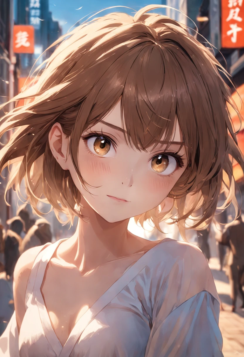 (Raw photo, Best Quality), (Realistic, Photorealsitic:1.3), masutepiece, Extremely delicate and beautiful, Soft light, (Brown hair, Short hair swaying in the wind, Bangs), Beautiful detailed girl, (Detailed fingers), extremely detailed eye and face, beautiful detailed nose, Beautiful detailed eyes, 1 girl, Japanese, Neat and clean beauty, Cute, 年轻, Smile, dress shirts, Pants, (Half body:1.3), (medium breasts), Realistic face, Realistic body, Outdoors