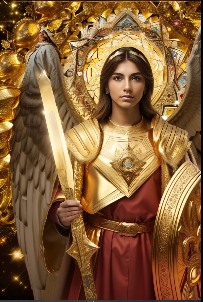((Archangel Saint Michael Masculine. 19 years old))) ((( Con una cara seria y piadosa. Con una mirada dulce y tierna))) (obra maestra, calidad superior, mejor calidad, arte oficial, beautiful and aesthetic: 1.2), (1girl), extremadamente detallado, (Arte fractal: 1.3), colorido, highest detailed, Cara perfecta, parte superior del cuerpo, HDR, (orando: 1.3), (golden lines of white coat: 1.2), galaxia, (rayas de luz), eye-catching visuals, (dynamic stripes, senderos luminosos: 1.2), colores vibrantes,