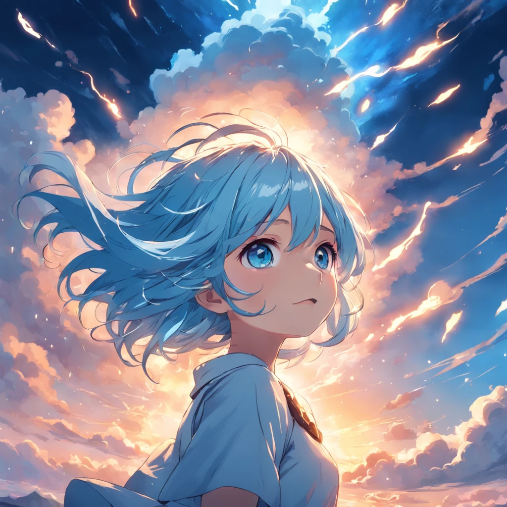 masterpiece, best quality, movie still, 1girl, cloud girl, floating in the sky, close-up, bright, happy, warm soft lighting, sunset, (sparks:0.7),(light blue hair),(blue eyes)