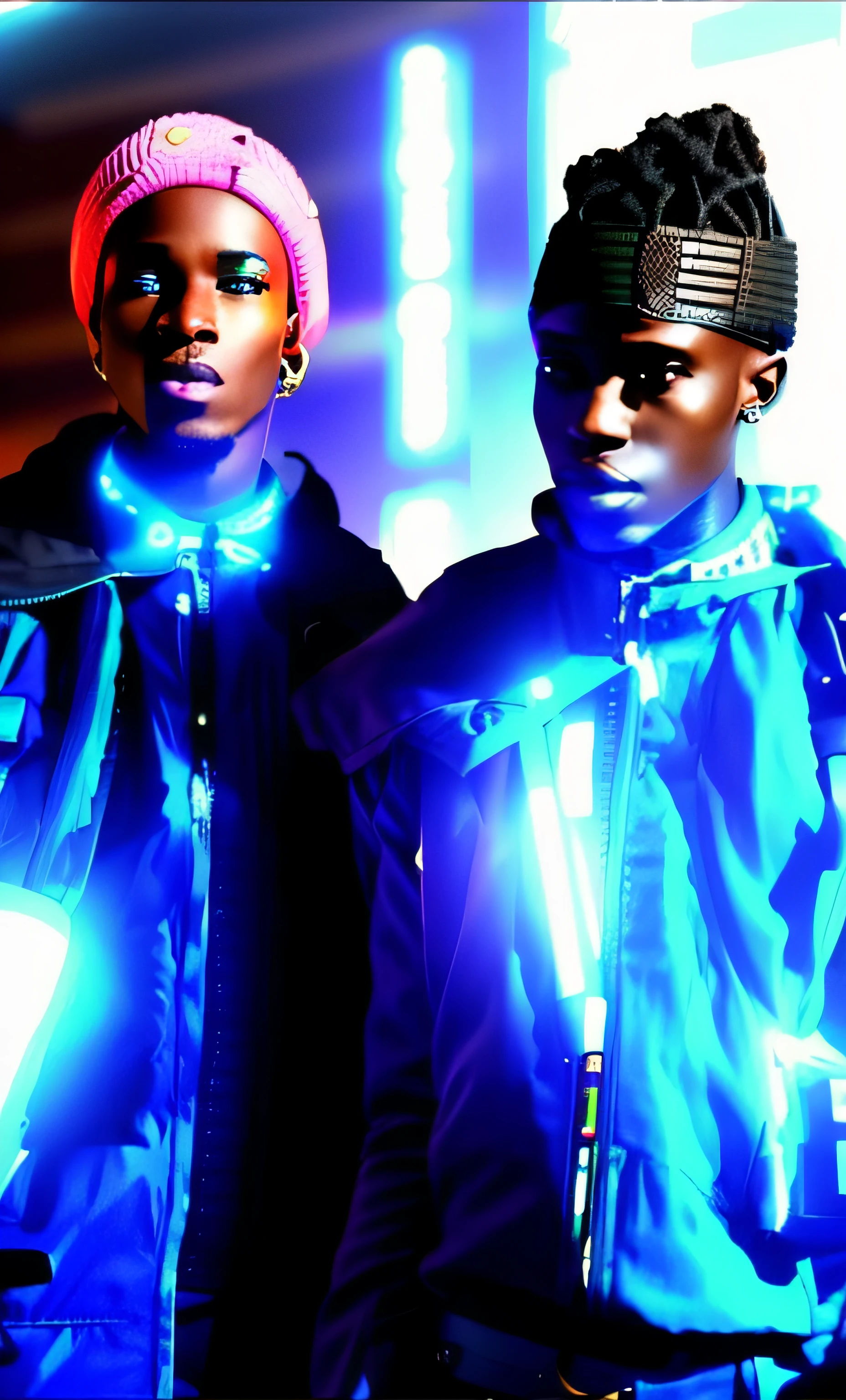 two young African men standing next to each other, cyberpunk style, cute boys, they are very serious, still video, good quality video, futuristic, very tecnologic, taken in the early 2020s, gang members, 😭🤮 💔, cold as ice!