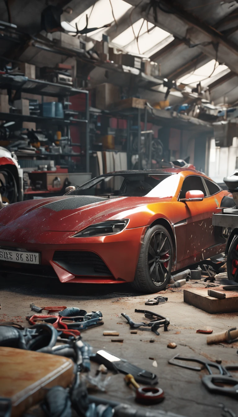 ultra-realistic image, Sports cars in a messy workshop.