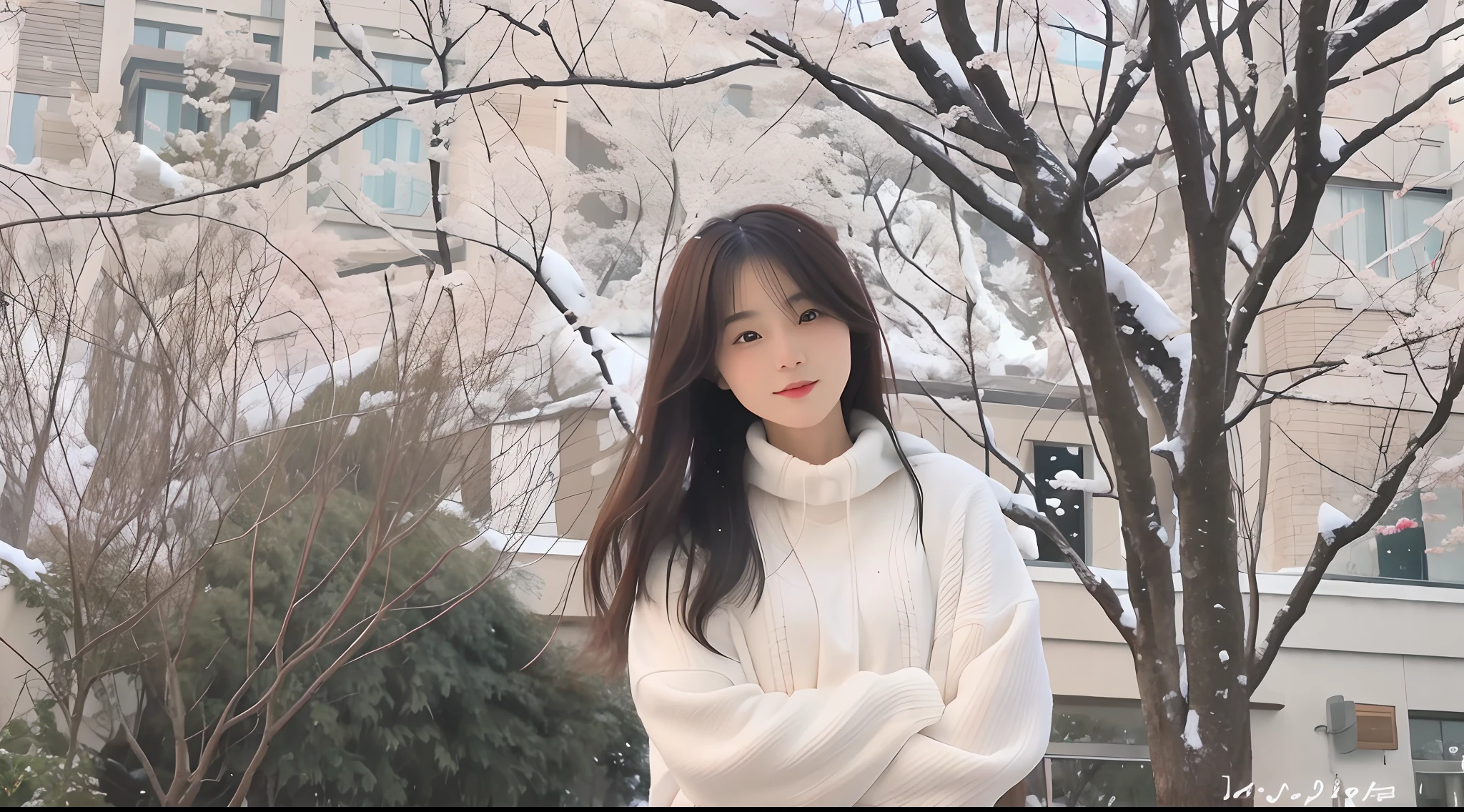 Araki woman in white sweater and black pants standing on a snowy mountain,In front of the cherry blossom tree, ulzzangs, jaeyeon nam, seasons!! ❄, Shin Jinying, 🚿🗝📝, Choi Hyun-hwa, Kim Do-young, 🍁 Cute, Chinese girl, inspired by Ma Yuanyu,on a snowy mountain,at winter season,snowflower,on a snowy mountain,Snow-capped mountains in the background