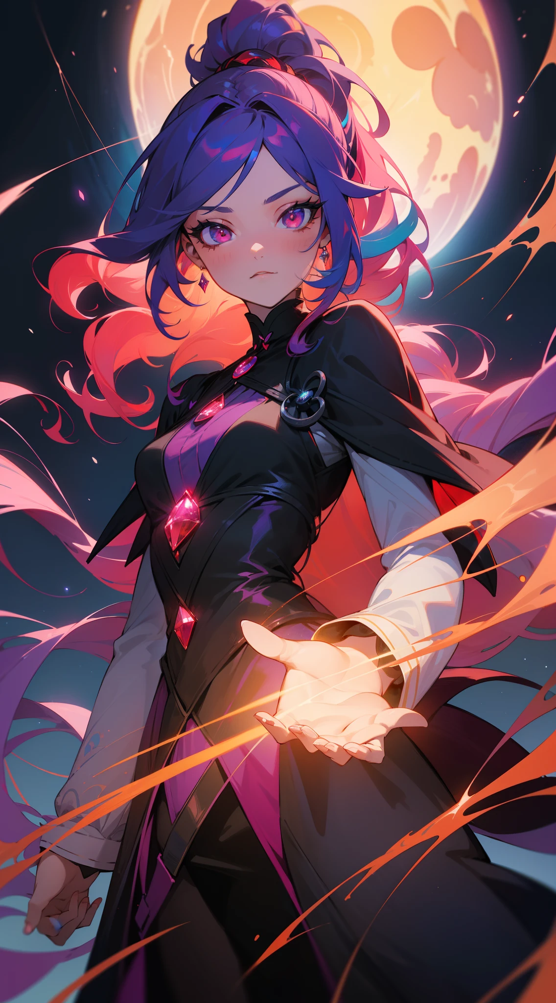 ((tmasterpiece)), (((beste-Qualit))), ((ultradetailed)), ((illustartion)), [The light effect of realism], eye shadow, (fantasy style), (whitebackground), Simple background, illustartion, 1 girl, conjures, Magic, sly look, Majestic view (multi-colored hair, Hair gradient, Hair color from blue to peach, without bangs, curly curl on the cheek, hairstyle: high ponytail, long tail), The eyes are crimson-red, Warm light, wide eyes, Lashes, side glance, Crystal hair, glass hair, Tanzanite, Glowing Hair, Fantasy clothing, Necromancer's Clothes, Necromancer Wizard, necromancy, black and red clothing, Bone jewelry on clothes, galaxy, Additional lighting