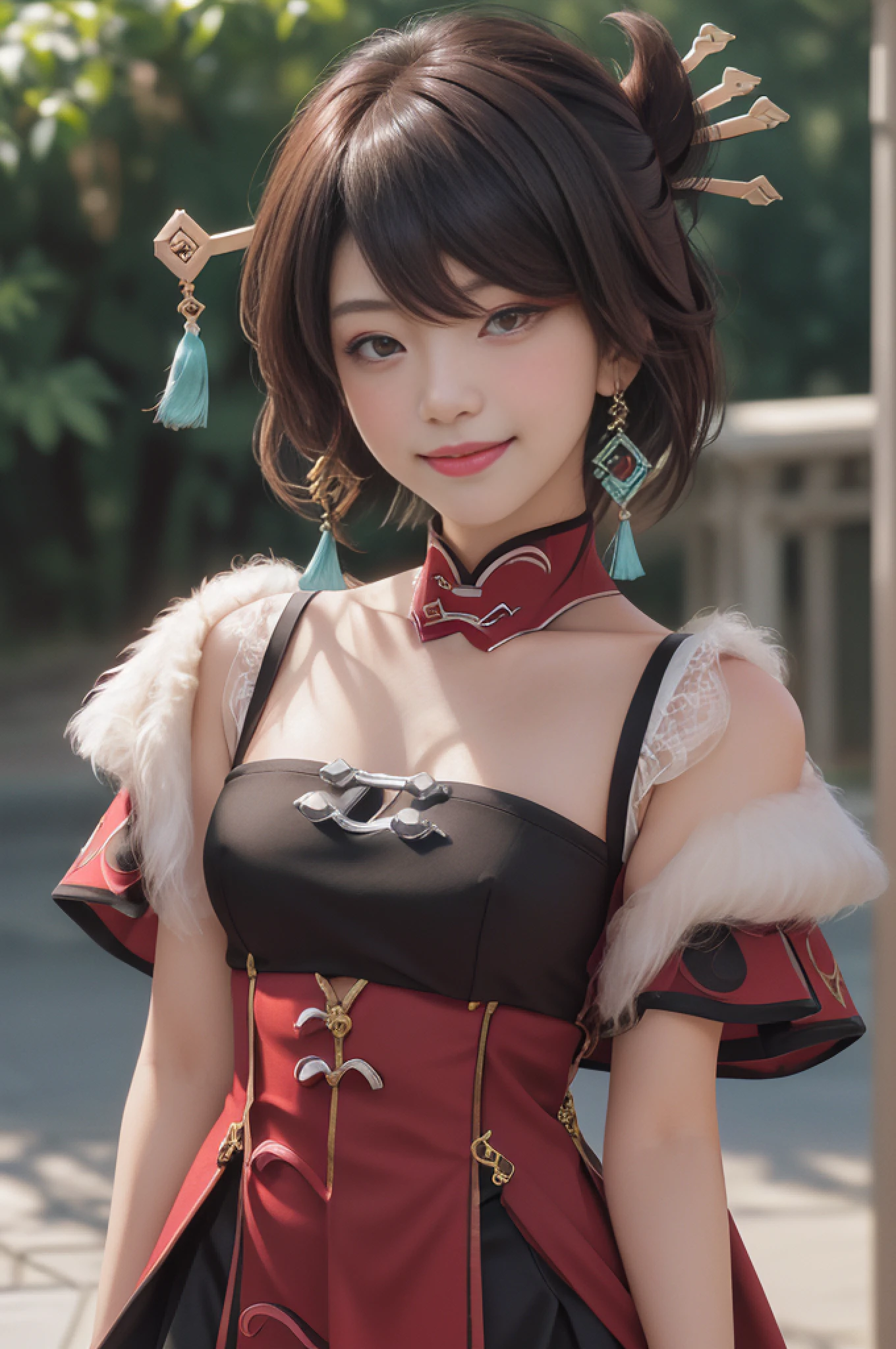 a young woman (larged-size-chest) cosplaying. She has large, fluffy brown and white fox ears, and her hair is short, brown with hints of red, and styled in a slightly messy way that frames her face. Her eyes green color. She wears an intricate costume featuring a mix of red, white, and brown, with golden accents and ornate patterns. The top part of her outfit exposes her shoulders, and a red ribbon ties around her neck. She holds a fan or similar object in her hand, which is partially obscured by her costume. The background consists of a traditional wooden room with large windows, soft lighting, and some decorative elements like wooden furniture and plants. The overall atmosphere is warm