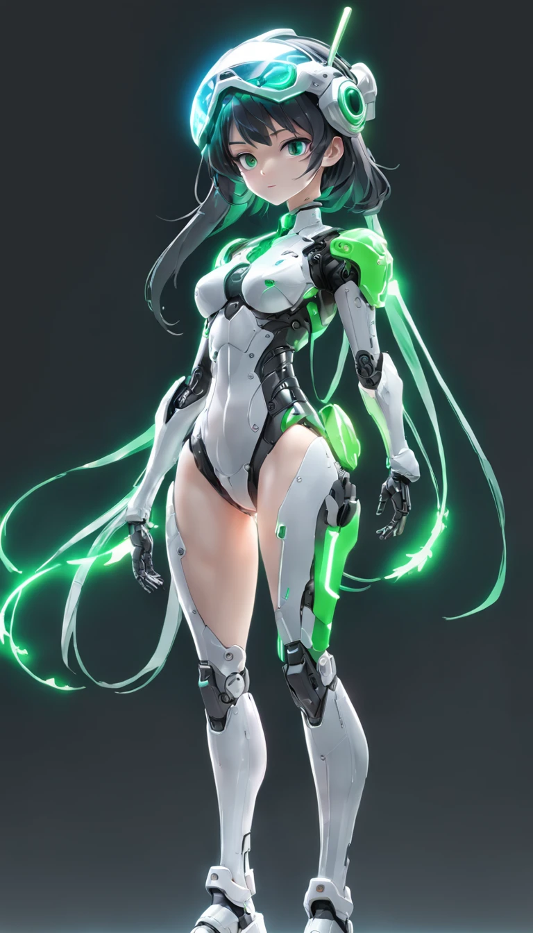cyborgs, (blind box toy style:1.2), (Full body shot) , 1 transparent girl,Transparent Mecha, Exquisite helmet:1.2, Phosphorescent goggles:1.2, Cyberpunk, Dreamy glow, bright neon lights, clean, White background, (Global Illumination, Ray traching, nffsw, Unreal Render,Reasonable design, high detal, masutepiece, Best Quality, hyper HD, Cinematic lighting). Green body