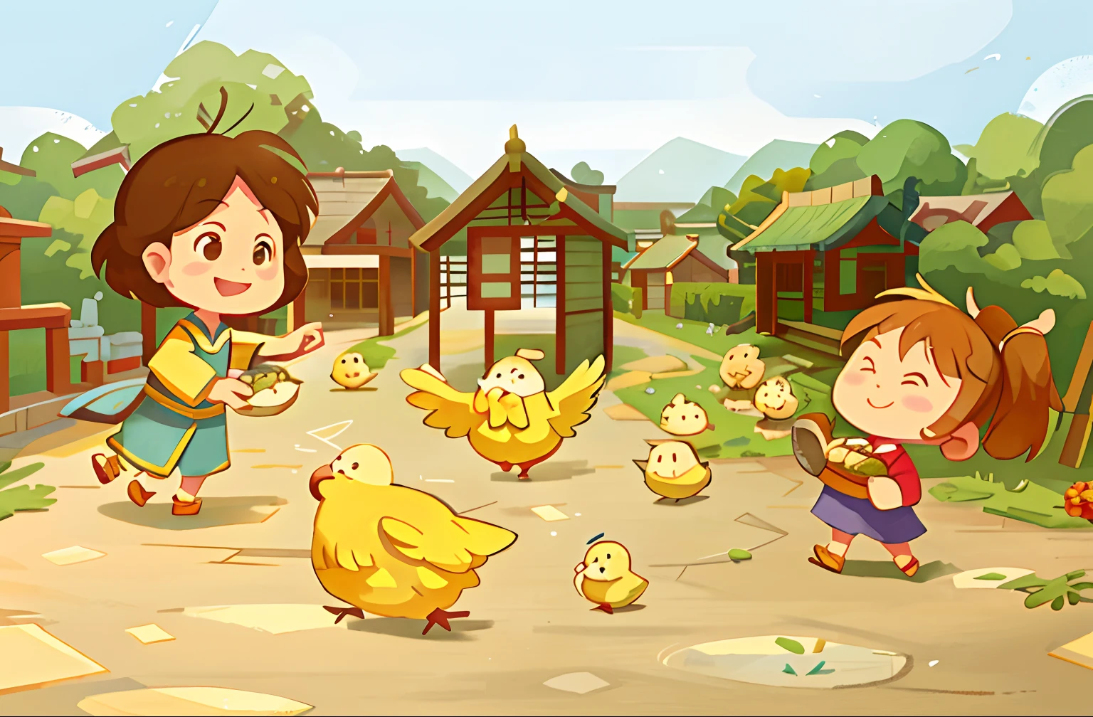 The background is the courtyard of China's hometown,Blue skies,warm sunlight,Kind grandmother standing feeding chicks,Cute chasing flocks of chicks,Homely atmosphere