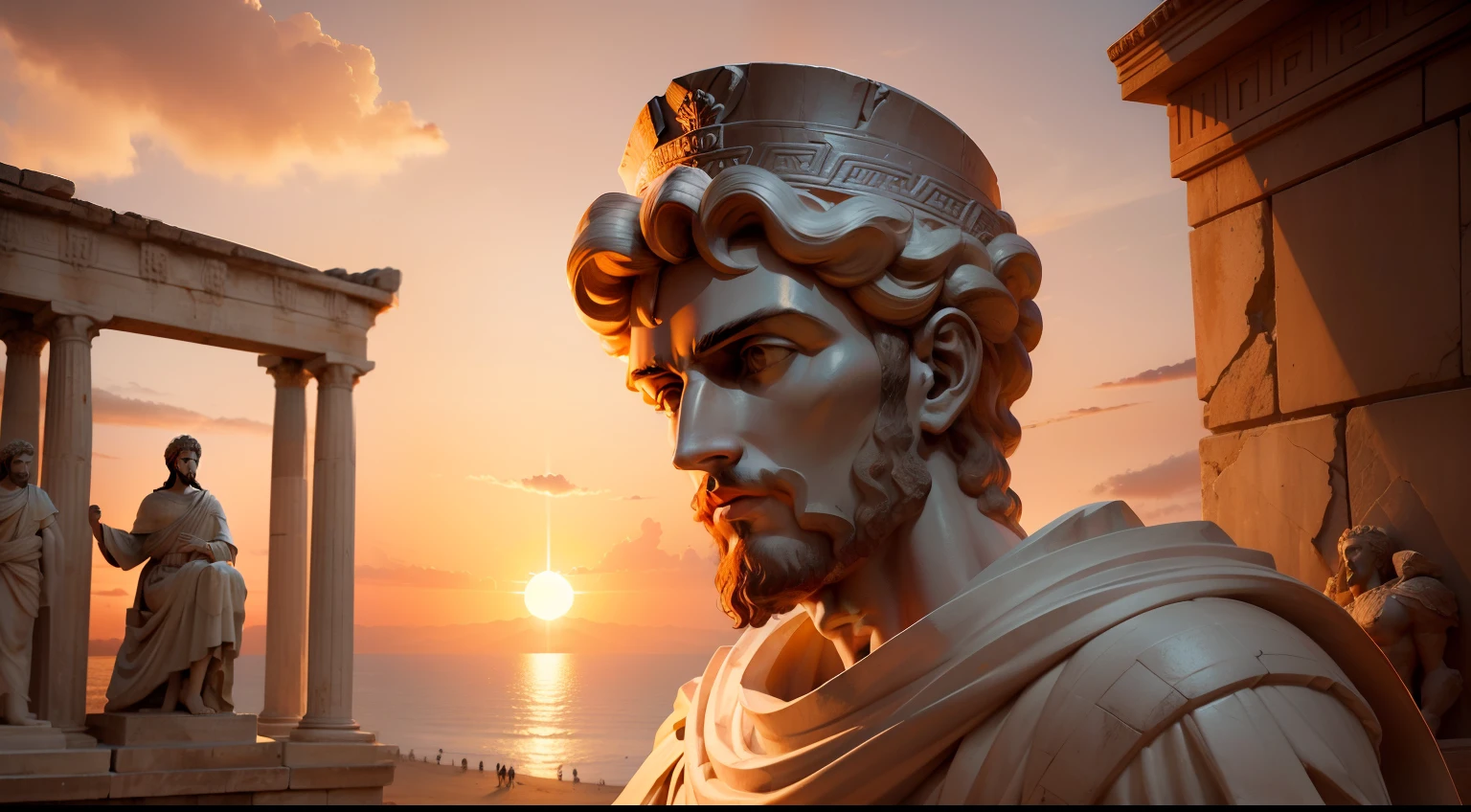 sada, let's embark on an imaginary journey to Atlantis itself, as described by Plato. Close your eyes and visualize a land of extraordinary beauty and complexity, a jewel of the ancient world.
When approaching Atlantis, you would see a huge island, surrounded by a sparkling sea. The central city was a spectacle in itself, designed in an ingenious and majestic way. Atlantis was not just a city; it was a true empire, composed of a series of concentric rings of land and water, forming a system of navigable canals that allowed efficient transport and communication between different areas of the city.
In the center of this maze of rings, the acropolis rose, the crown jewel of Atlantis. Here, a magnificent temple dedicated to Poseidon dominated the landscape, its resplendent splendor visible from all parts of the city. The temple was a masterpiece of architecture and engineering, with walls covered in precious metals and golden statues depicting Poseidon and his descendants. Plato describes these statues with vivid realism, as if shining in the sun, creating an aura of divinity and power.