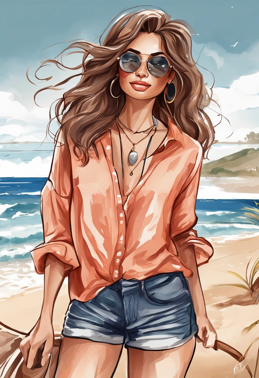 mulher com cabelo encaracolado preto, Olhos detalhados, top rosa e shorts jeans na praia, in digital illustration style, Beautiful digital illustration, stunning digital illustration, em estilo de arte bowater, stylized digital illustration, exquisite digital illustration, bela arte digital, realistic digital illustration, style cartoon illustration, detailed digital illustration, estilo bonito dos desenhos animados, arte vetorial altamente detalhada, Trend in Artstraction